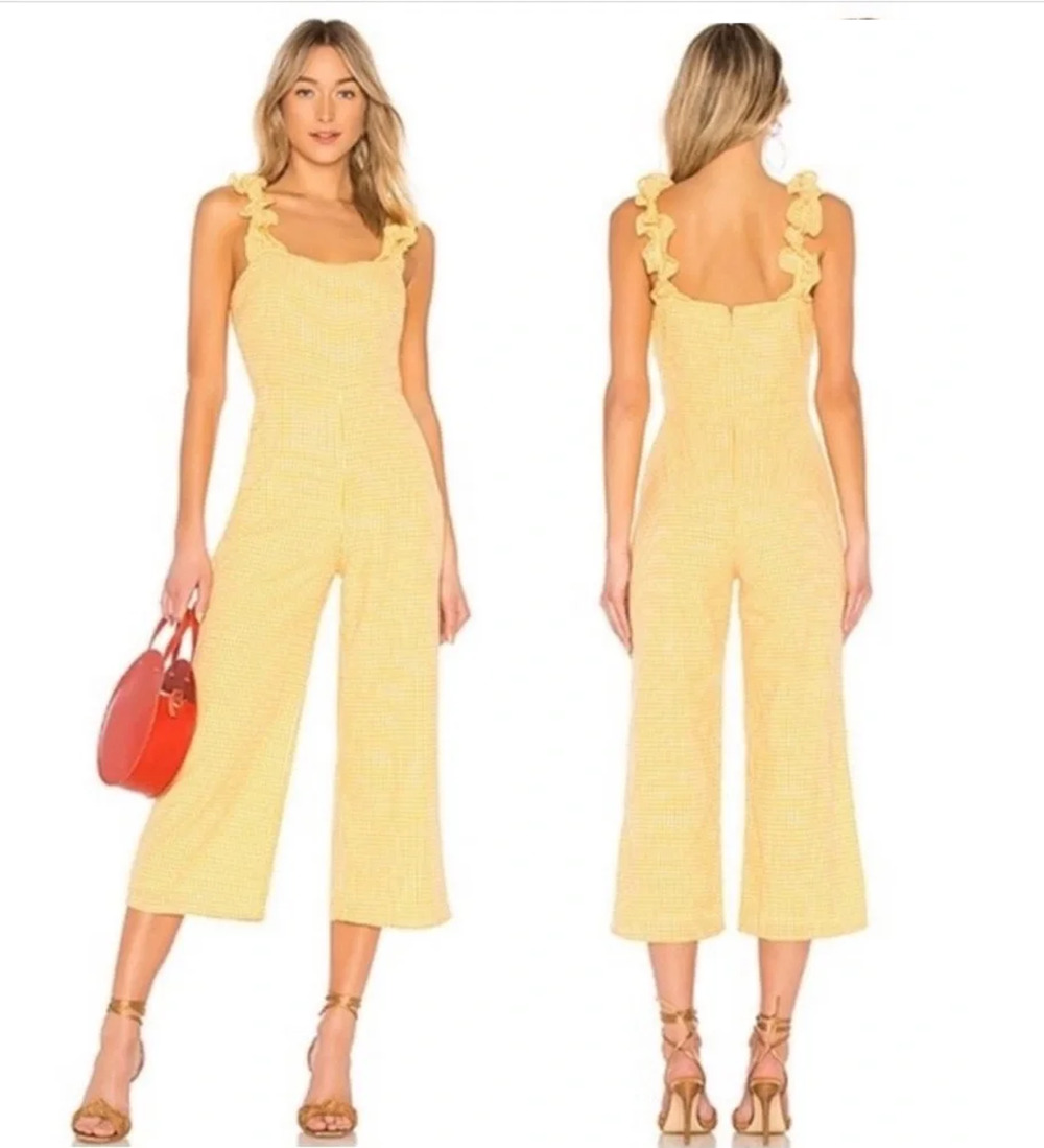 Lovers + Friends Cotton Gingham Ruffle Strap Wide Leg Crop Jumpsuit Yellow Small